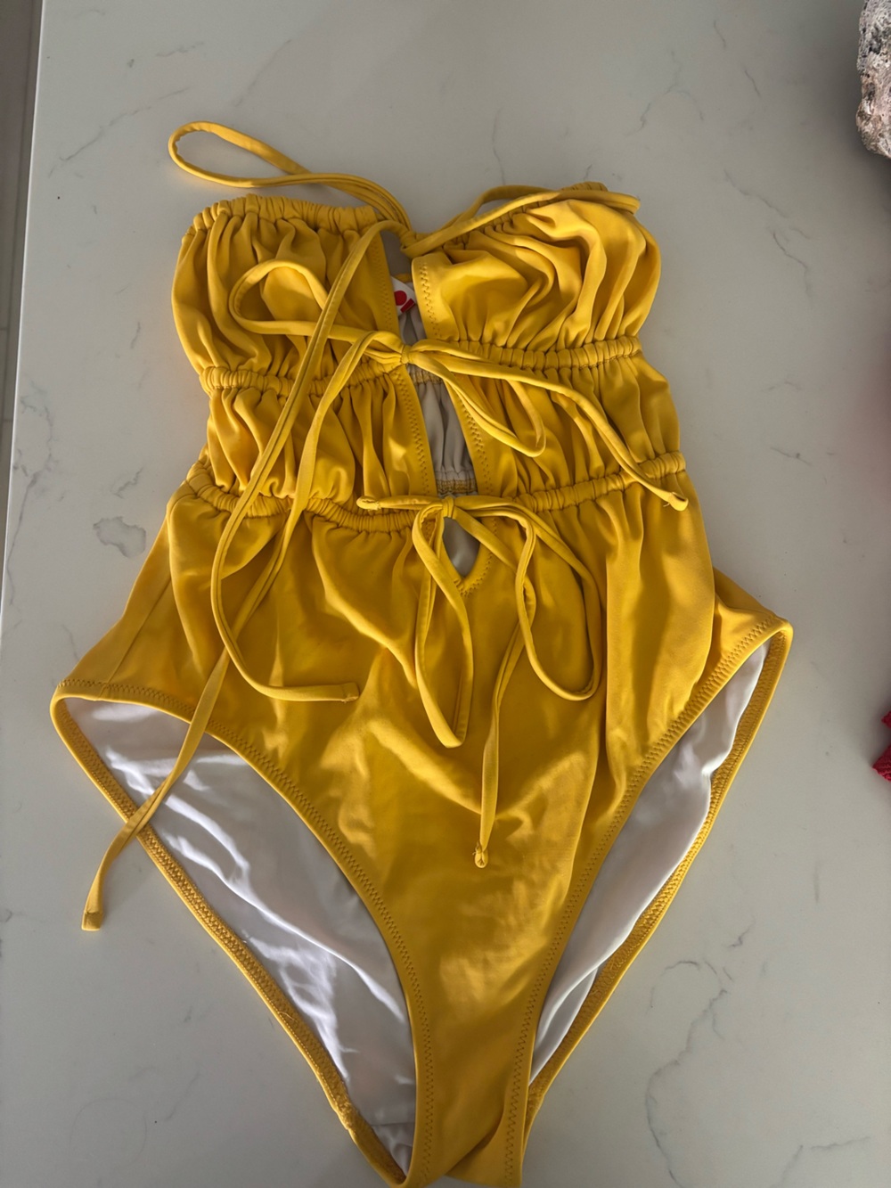 Solid & Striped - Strapless Tie-Front One-Piece Swimsuit in Yellow / Mustard - Picture 2 of 3